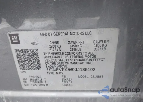 2018 Chevrolet Traverse Ls из США, поврежденный, VIN 1GNEVFKW0JJ185102